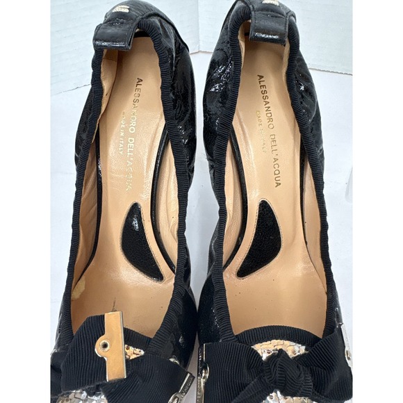 Alessandro Dell'Acqua Black Cracked Patent Leather Sequined Bow Pumps Heels 37 - Picture 7 of 8